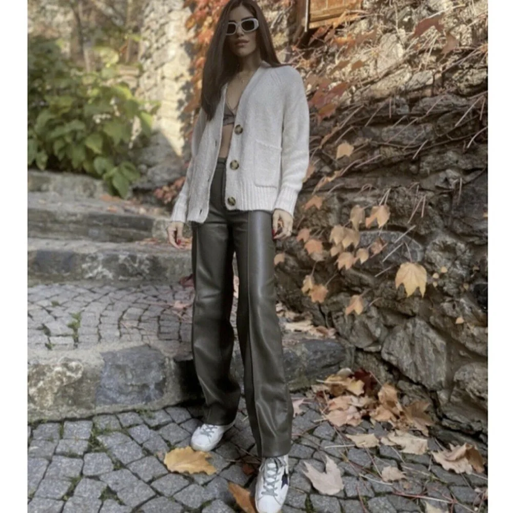 🍂 ZARA ASH BROWN FAUX LEATHER FULL LENGTH STRAIGHT LEG HIGH WAIST PANTS! - Picture 12 of 16